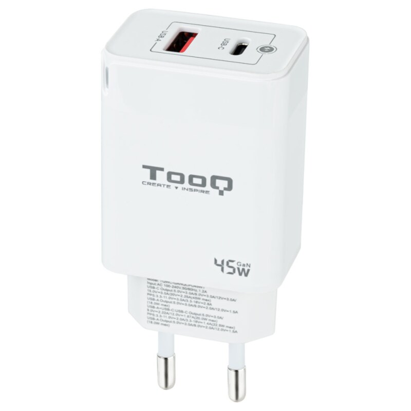 TooQ Cargador de Pared GaN USB-C/PD + USB-A/QC 45W, Blanco