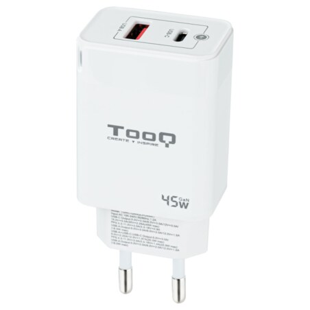 TooQ Cargador de Pared GaN USB-C/PD + USB-A/QC 45W, Blanco