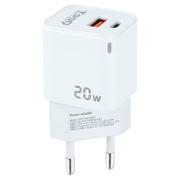 TooQ Cargador de Pared USB-C/PD + USB-A/QC 20W, Blanco