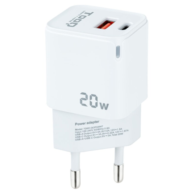 TooQ Cargador de Pared USB-C/PD + USB-A/QC 20W, Blanco