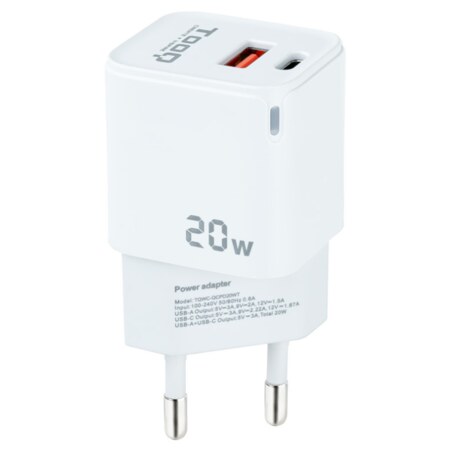 TooQ Cargador de Pared USB-C/PD + USB-A/QC 20W, Blanco