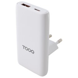 TooQ Cargador de viaje Tipo C y Tipo A, GaN 65W, USB-C/PD + USB-A/QC, Blanco