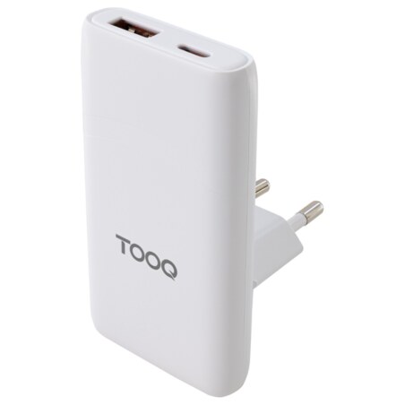 TooQ Cargador de viaje Tipo C y Tipo A, GaN 65W, USB-C/PD + USB-A/QC, Blanco