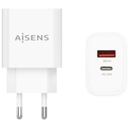 AISENS Cargador 20W, 1xUSB-C PD3.0, 1xUSB-A QC3.0, Blanco