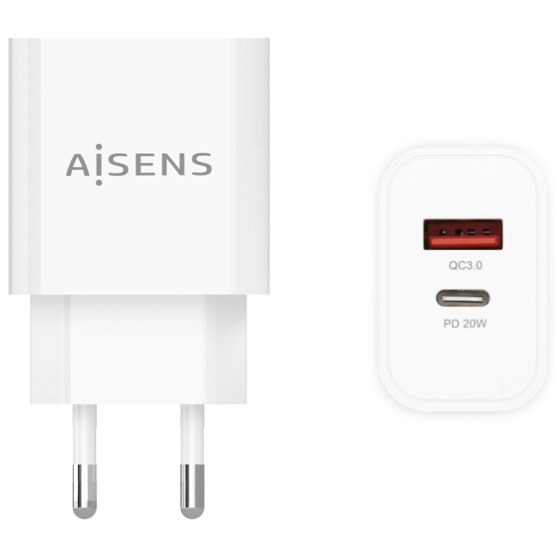 AISENS Cargador 20W, 1xUSB-C PD3.0, 1xUSB-A QC3.0, Blanco
