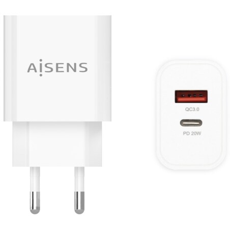 AISENS Cargador 20W, 1xUSB-C PD3.0, 1xUSB-A QC3.0, Blanco