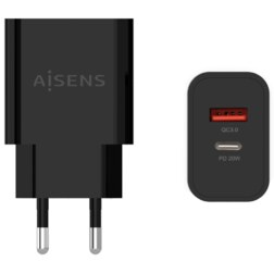 AISENS Cargador 20W, 1xUSB-C PD3.0, 1xUSB-A QC3.0, Negro