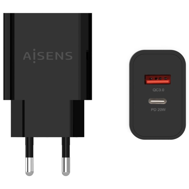 AISENS Cargador 20W, 1xUSB-C PD3.0, 1xUSB-A QC3.0, Negro