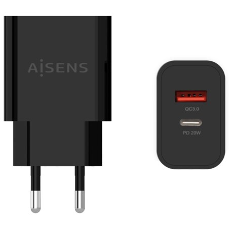 AISENS Cargador 20W, 1xUSB-C PD3.0, 1xUSB-A QC3.0, Negro