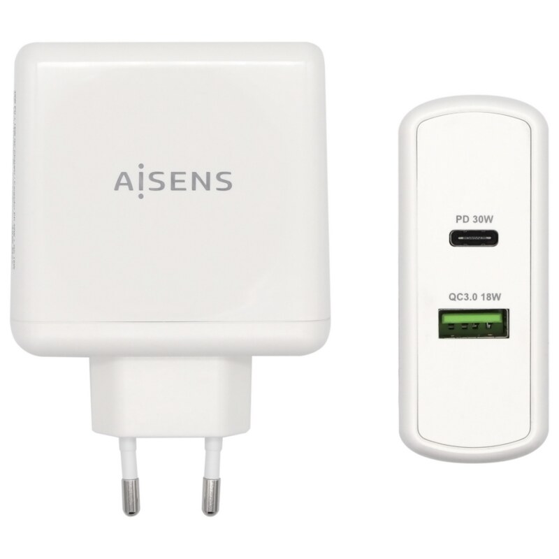 AISENS Cargador 48 W, 1x USB-C PD3.0 30 W, 1x USB-A QC3.0 18 W, Blanco