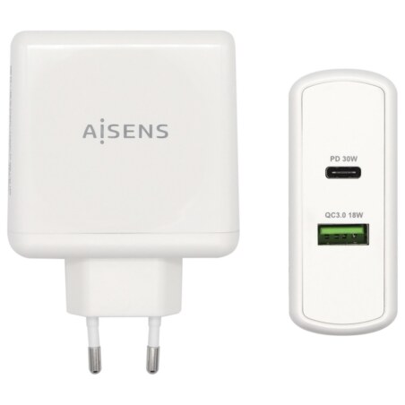 AISENS Cargador 48 W, 1x USB-C PD3.0 30 W, 1x USB-A QC3.0 18 W, Blanco