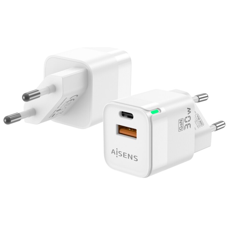 AISENS Cargador Gan 30W, 1xUSB-C PD3.0 QC4.0, 1xUSB-A QC3.0, Blanco