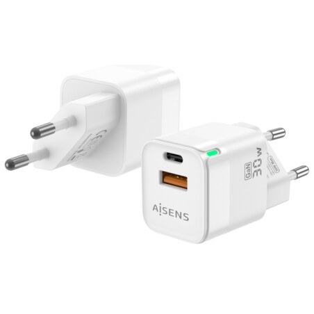 AISENS Cargador Gan 30W, 1xUSB-C PD3.0 QC4.0, 1xUSB-A QC3.0, Blanco