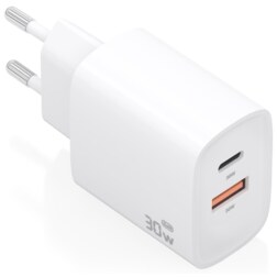 AISENS Cargador GaN 30W, 1xUSB-C PD3.0 QC4.0, 1xUSB-A QC3.0, Blanco