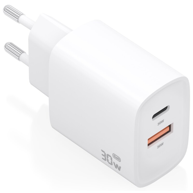 AISENS Cargador GaN 30W, 1xUSB-C PD3.0 QC4.0, 1xUSB-A QC3.0, Blanco