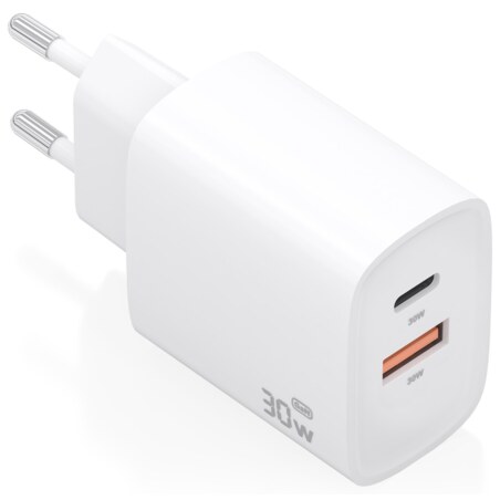 AISENS Cargador GaN 30W, 1xUSB-C PD3.0 QC4.0, 1xUSB-A QC3.0, Blanco