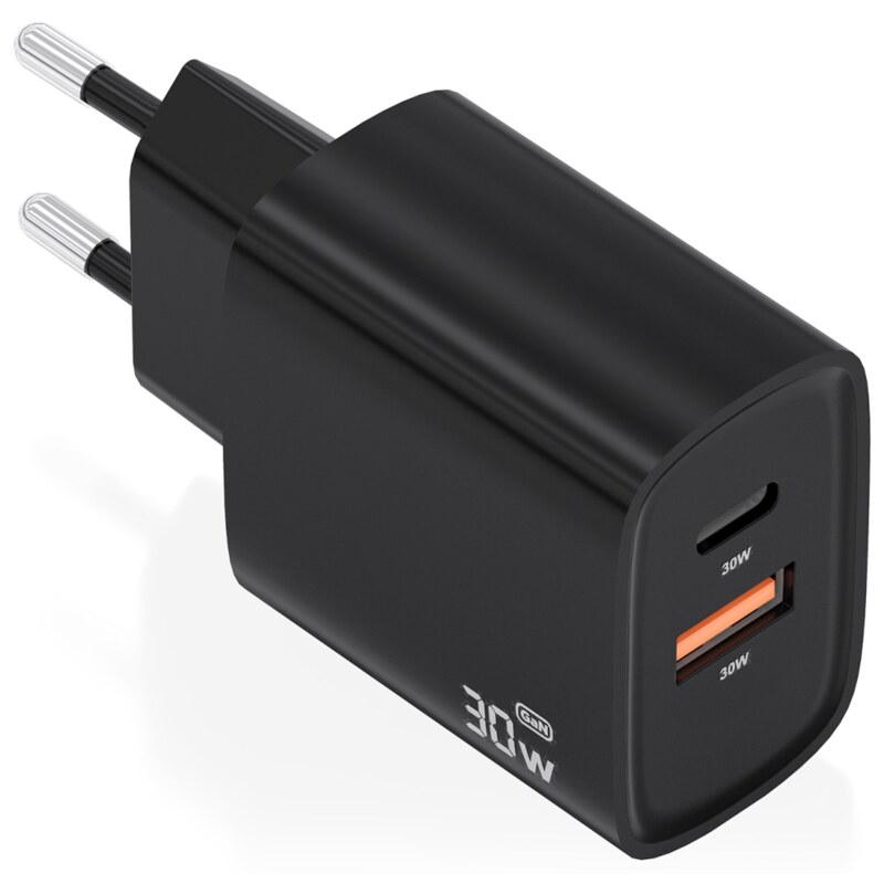 AISENS Cargador GaN 30W, 1xUSB-C PD3.0 QC4.0, 1xUSB-A QC3.0, Negro