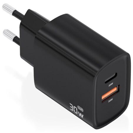 AISENS Cargador GaN 30W, 1xUSB-C PD3.0 QC4.0, 1xUSB-A QC3.0, Negro
