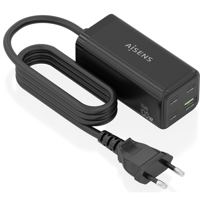 AISENS Cargador Sobremesa GaN 100W, 3x USB-C PD3.0 QC4.0 QC5.0, 1x USB-A QC3.0, Negro