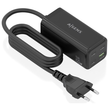 AISENS Cargador Sobremesa GaN 100W, 3x USB-C PD3.0 QC4.0 QC5.0, 1x USB-A QC3.0, Negro