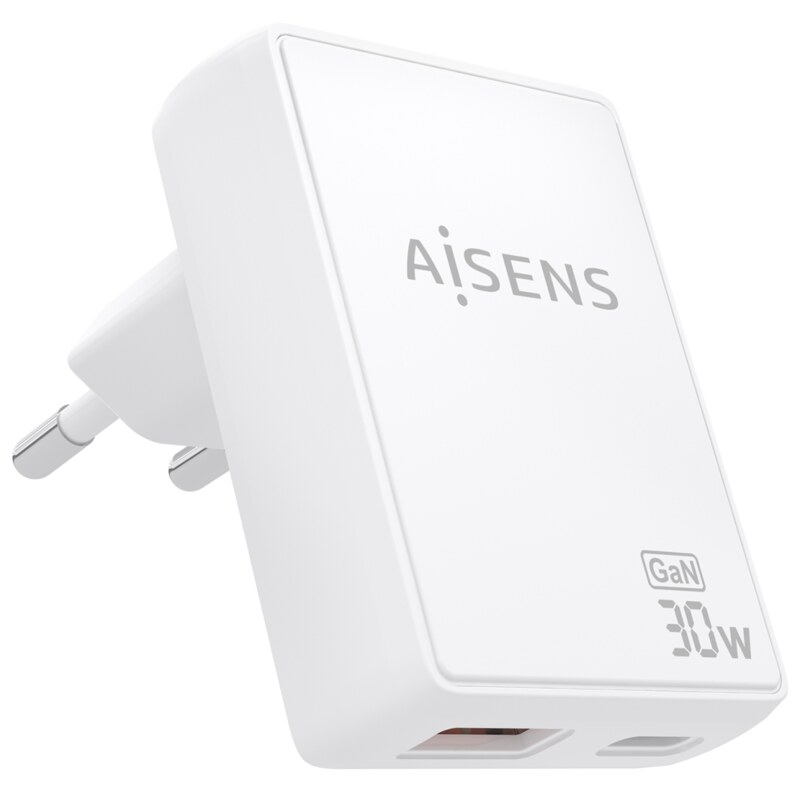 AISENS Cargador De Pared GaN Ultra Delgado 30W, 1xUSB-C PD3.0 QC4.0, 1xUSB-A QC3.0, Blanco
