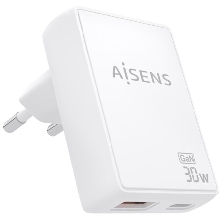AISENS Cargador De Pared GaN Ultra Delgado 30W, 1xUSB-C PD3.0 QC4.0, 1xUSB-A QC3.0, Blanco