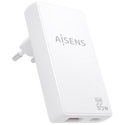 AISENS Cargador De Pared GaN Ultra Delgado 65W, 1xUSB-C PD3.0 QC4.0, 1xUSB-A QC3.0, Blanco
