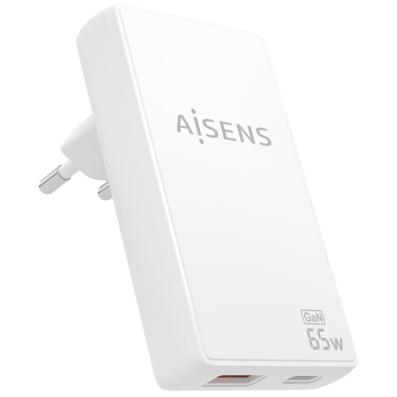 AISENS Cargador De Pared GaN Ultra Delgado 65W, 1xUSB-C PD3.0 QC4.0, 1xUSB-A QC3.0, Blanco