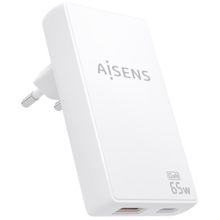 AISENS Cargador De Pared GaN Ultra Delgado 65W, 1xUSB-C PD3.0 QC4.0, 1xUSB-A QC3.0, Blanco