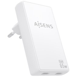 AISENS Cargador De Pared GaN Ultra Delgado 65W, 2xUSB-C PD3.0 QC4.0, Blanco
