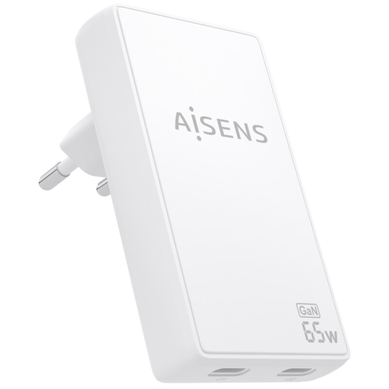 AISENS Cargador De Pared GaN Ultra Delgado 65W, 2xUSB-C PD3.0 QC4.0, Blanco