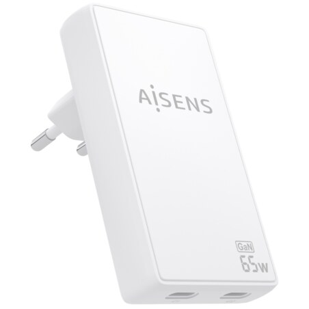 AISENS Cargador De Pared GaN Ultra Delgado 65W, 2xUSB-C PD3.0 QC4.0, Blanco