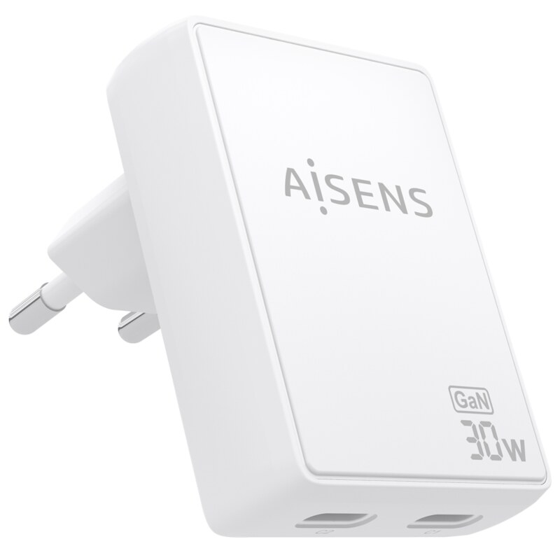 AISENS Cargador De Pared GaN Ultra Delgado 30W, 2xUSB-C PD3.0 QC4.0, Blanco