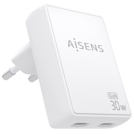 AISENS Cargador De Pared GaN Ultra Delgado 30W, 2xUSB-C PD3.0 QC4.0, Blanco