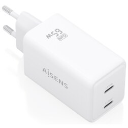 AISENS Cargador GaN 65W, 2xUSB-C PD3.0 QC4.0, Blanco