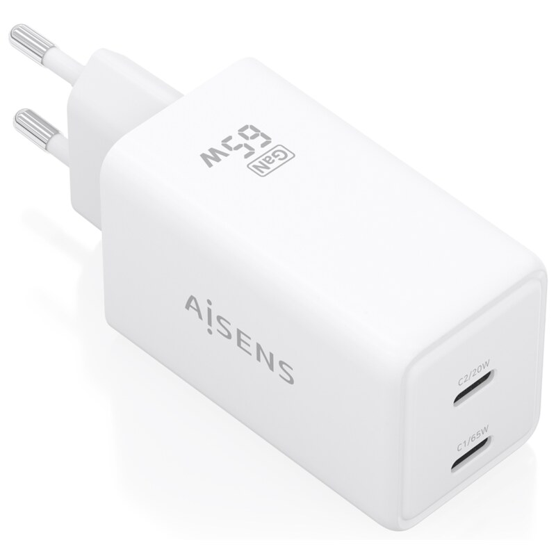 AISENS Cargador GaN 65W, 2xUSB-C PD3.0 QC4.0, Blanco