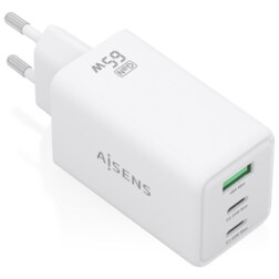 AISENS Cargador GaN 65W, 2xUSB-C PD3.0 QC4.0, 1xUSB-A QC3.0, Blanco