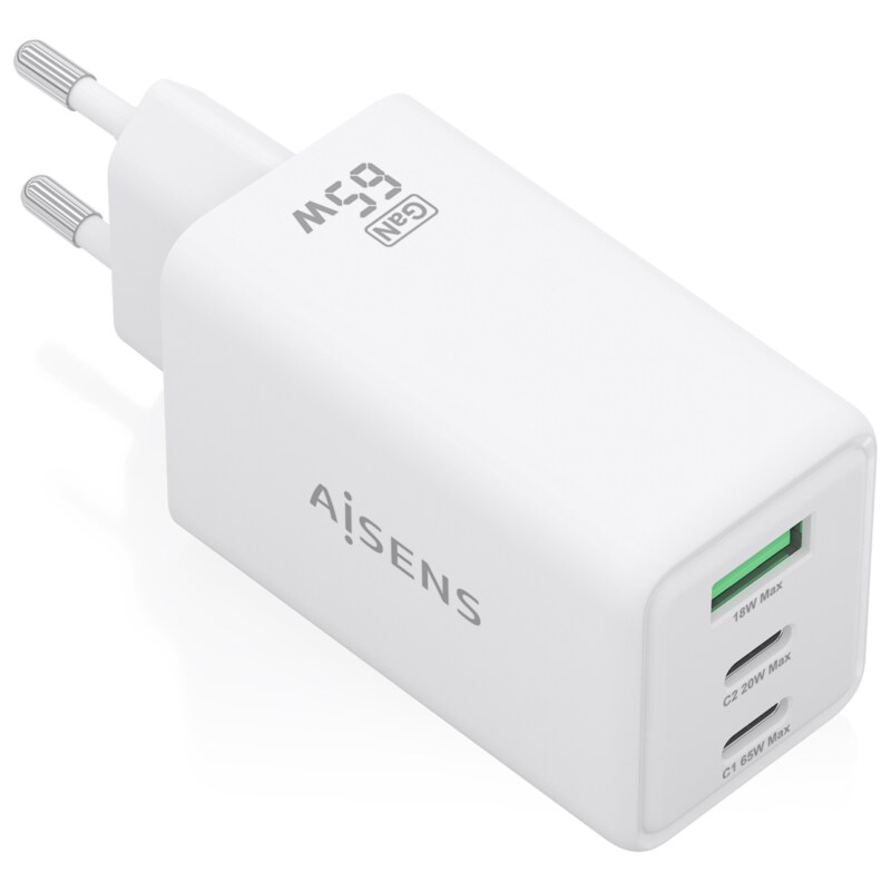 AISENS Cargador GaN 65W, 2xUSB-C PD3.0 QC4.0, 1xUSB-A QC3.0, Blanco