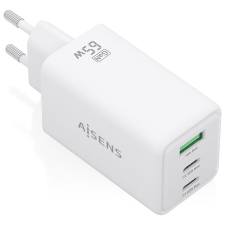 AISENS Cargador GaN 65W, 2xUSB-C PD3.0 QC4.0, 1xUSB-A QC3.0, Blanco