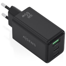AISENS Cargador GaN 65W, 2xUSB-C PD3.0 QC4.0, 1xUSB-A QC3.0, Negro