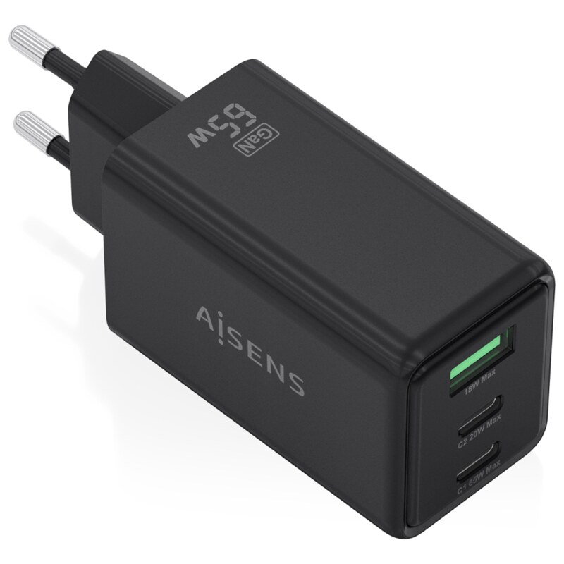 AISENS Cargador GaN 65W, 2xUSB-C PD3.0 QC4.0, 1xUSB-A QC3.0, Negro