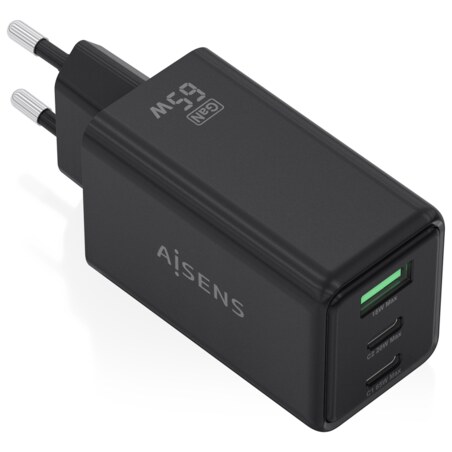 AISENS Cargador GaN 65W, 2xUSB-C PD3.0 QC4.0, 1xUSB-A QC3.0, Negro