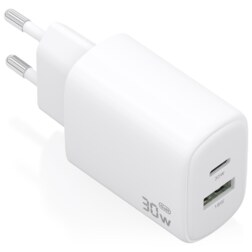 AISENS Cargador GaN 30W, 1xUSB-C PD3.0 QC4.0, 1xUSB-A QC3.0, Blanco
