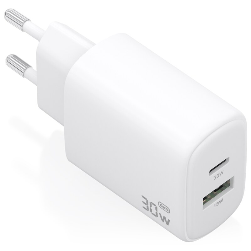 AISENS Cargador GaN 30W, 1xUSB-C PD3.0 QC4.0, 1xUSB-A QC3.0, Blanco