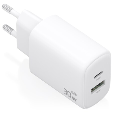 AISENS Cargador GaN 30W, 1xUSB-C PD3.0 QC4.0, 1xUSB-A QC3.0, Blanco