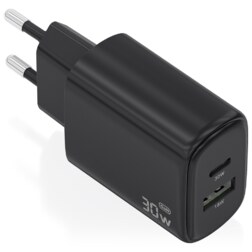AISENS Cargador GaN 30W, 1xUSB-C PD3.0 QC4.0, 1xUSB-A QC3.0, Negro