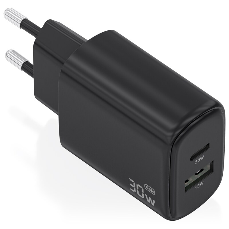 AISENS Cargador GaN 30W, 1xUSB-C PD3.0 QC4.0, 1xUSB-A QC3.0, Negro