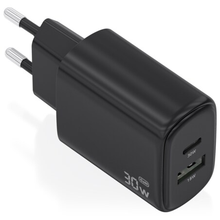 AISENS Cargador GaN 30W, 1xUSB-C PD3.0 QC4.0, 1xUSB-A QC3.0, Negro
