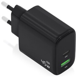 AISENS Cargador GaN 45W, 1xUSB-C PD3.0 QC4.0, 1xUSB-A QC3.0, Negro