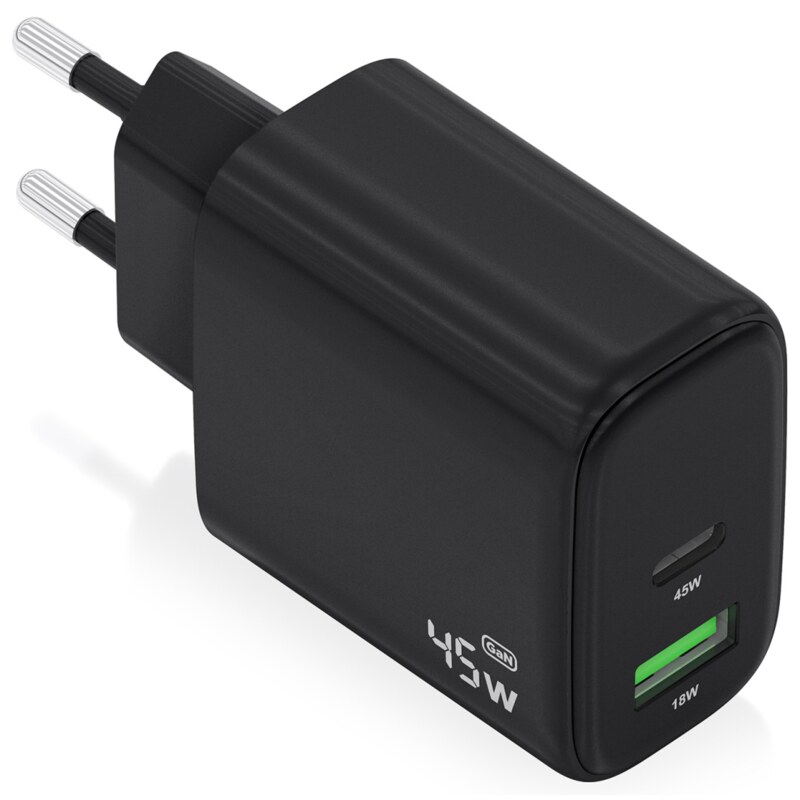 AISENS Cargador GaN 45W, 1xUSB-C PD3.0 QC4.0, 1xUSB-A QC3.0, Negro